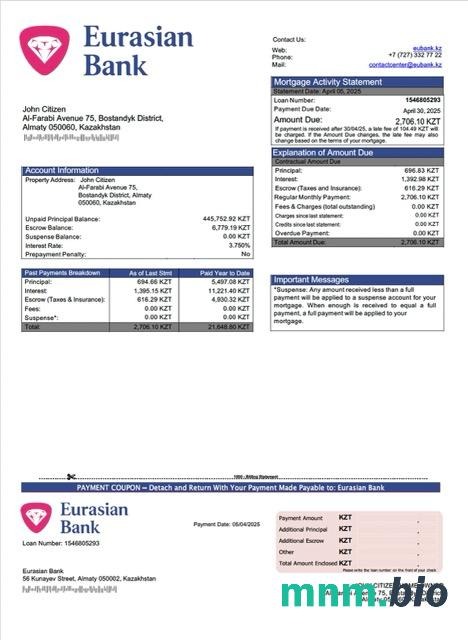Kazachstan Bank Euroazjatycki wyciąg z kredytu hipotecznego szablon Word i PDF
